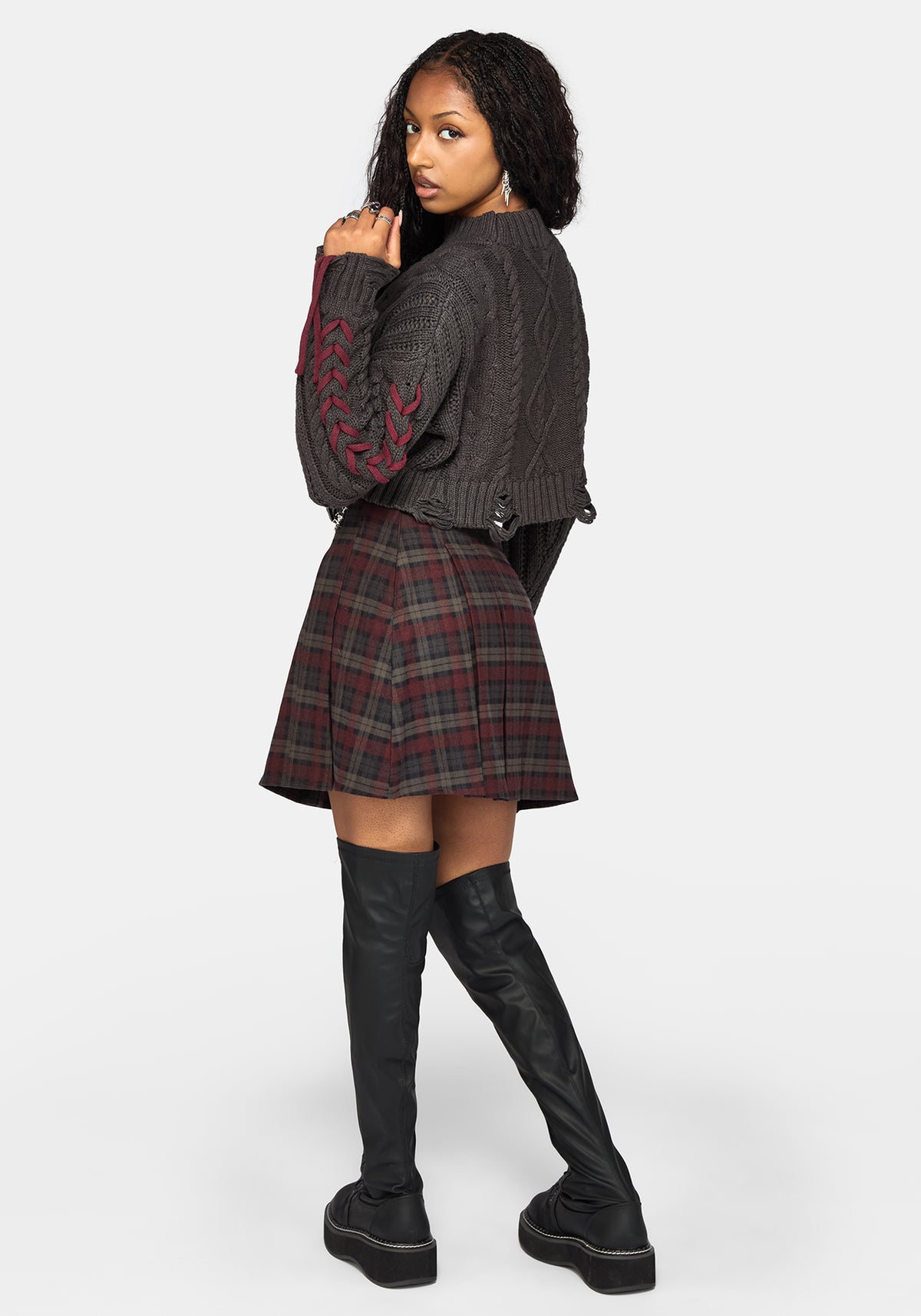 Skulk Distressed Cable Knit Crop Jumper - Charcoal