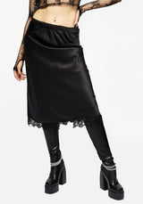 Medeina Lace Trim Satin Midi Skirt - Midnight Black