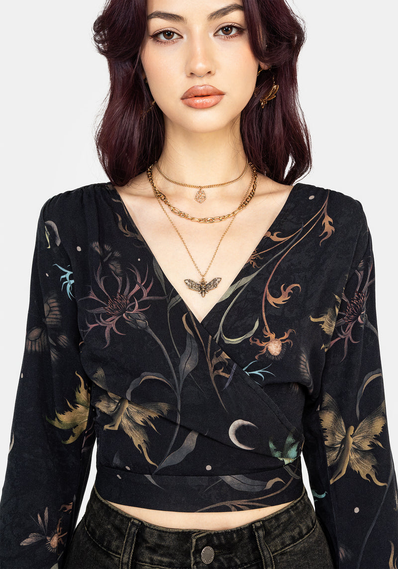 Rosanella Floral Print Flare Sleeve Wrap Top