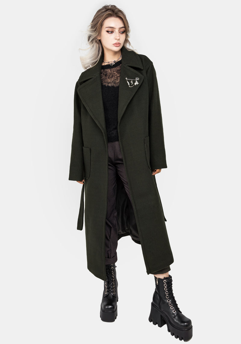 Mirkwood Longline Belted Coat with Pin Brooch