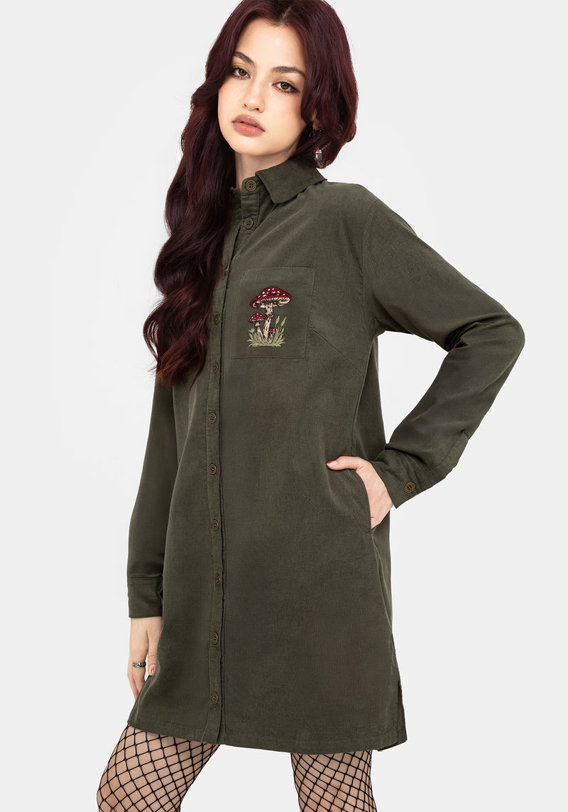 Whimsical Pocket Embroidered Mini Shirt Dress