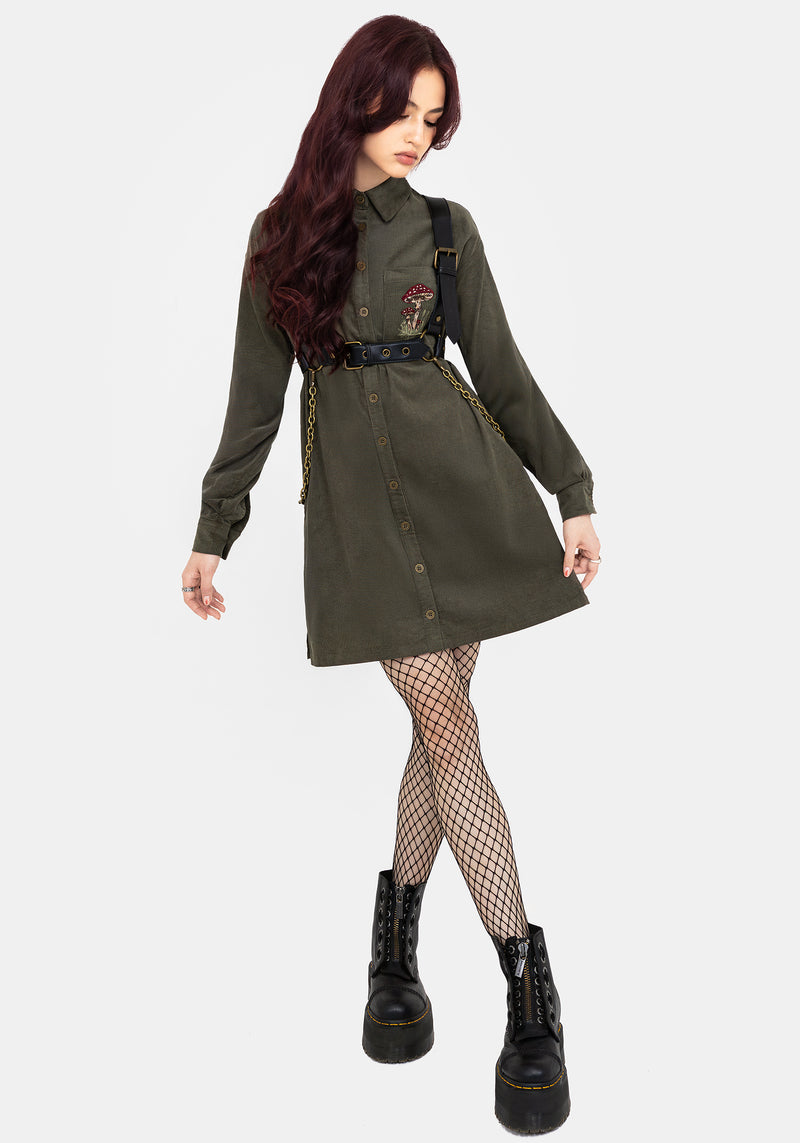 Whimsical Pocket Embroidered Mini Shirt Dress