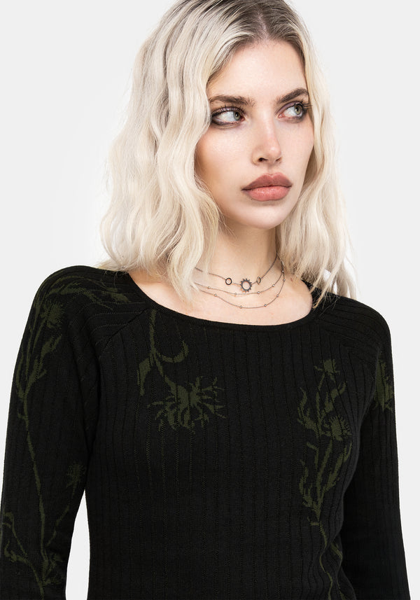 Diastella Floral Jacquard Rib Knit Raglan Sleeve Top - Black