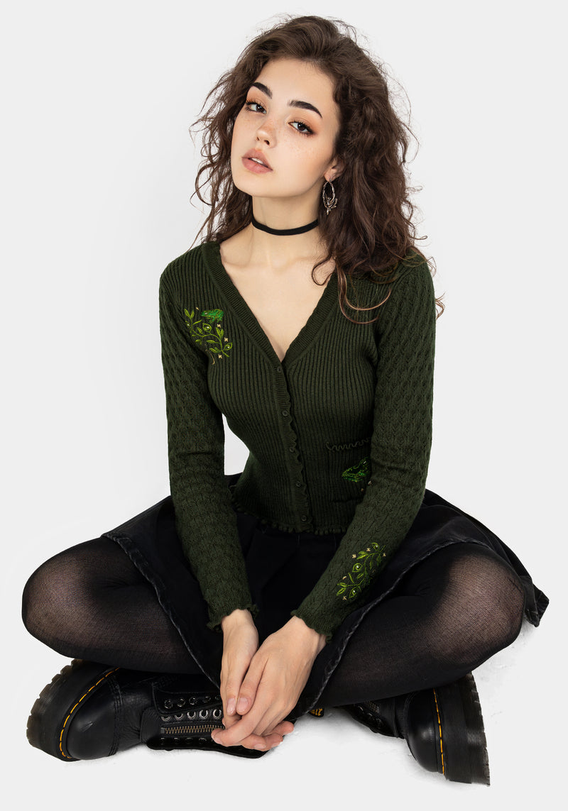 Swamplife Embroidered Pointelle Knit Crop Cardigan