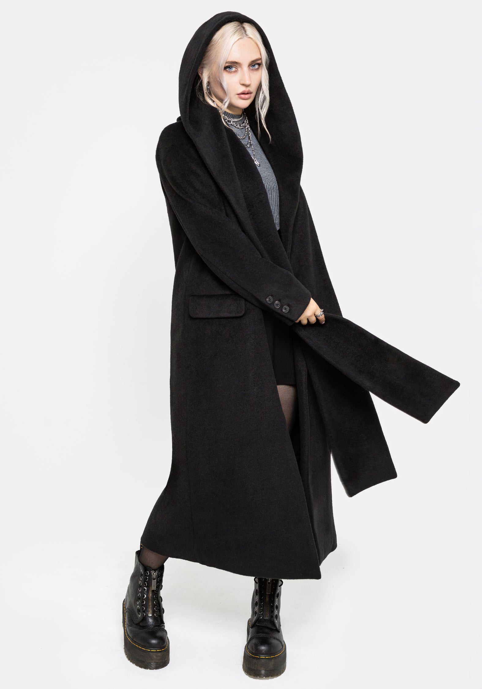 Lethe Hooded Scarf Longline Wool-Blend Coat