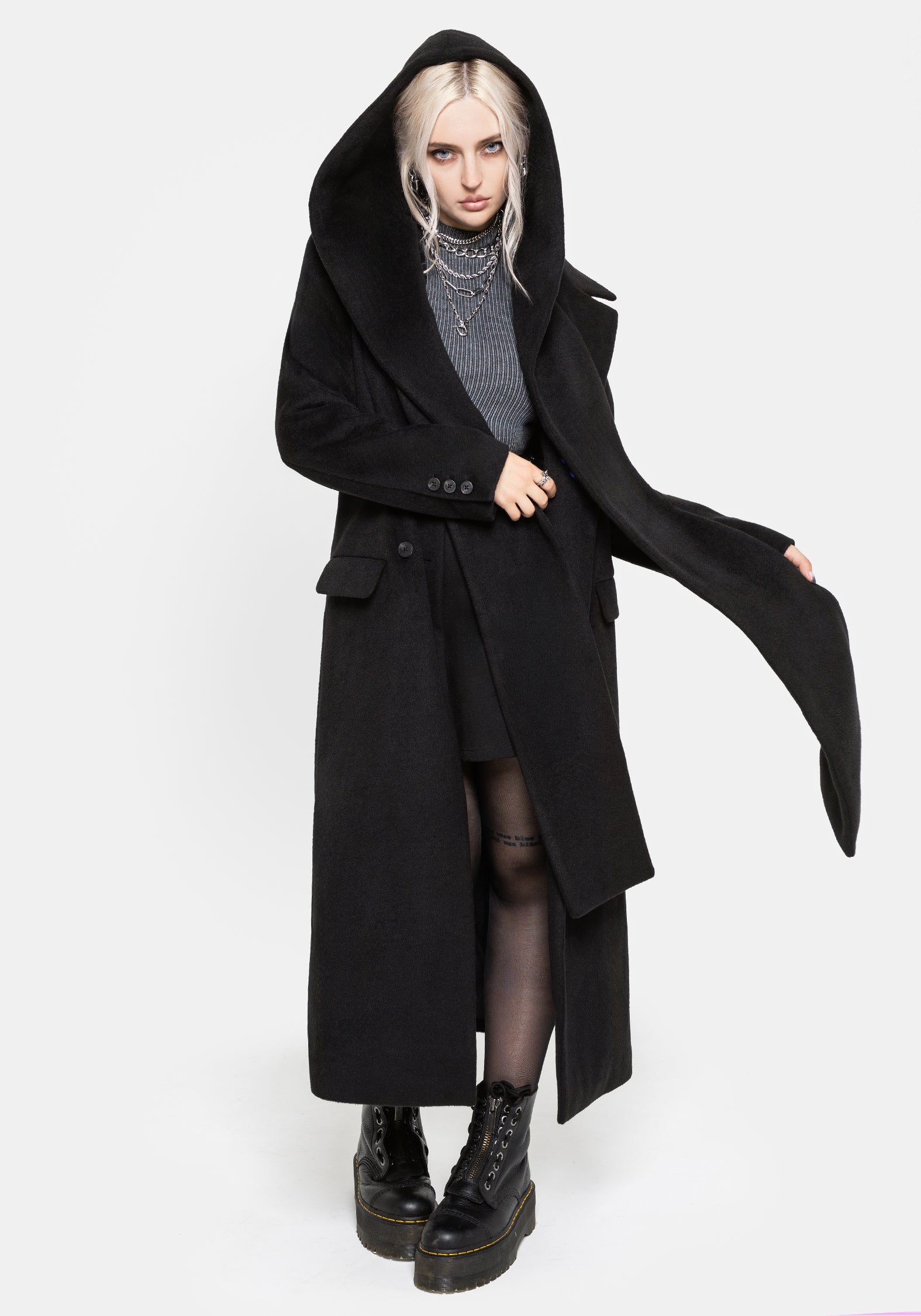 Lethe Hooded Scarf Longline Wool-Blend Coat