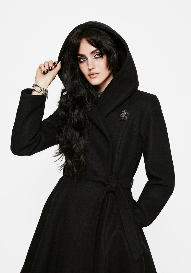 Camilla Tie Waist Hooded Coat With Bug Brooch