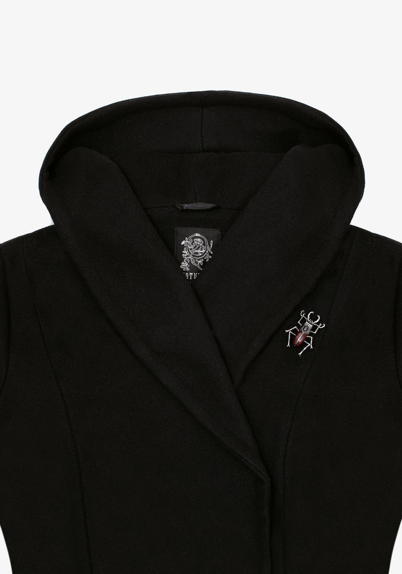 Camilla Tie Waist Hooded Coat With Bug Brooch