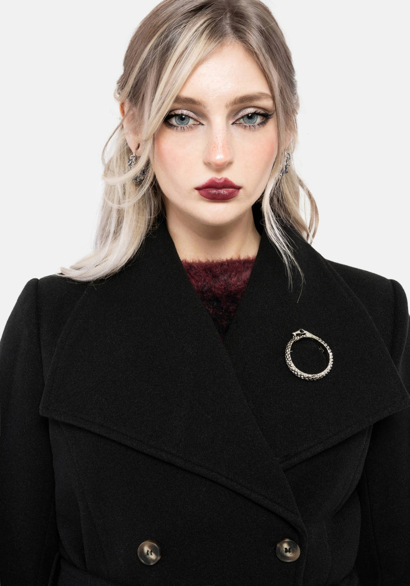Abyss Tie Waist Double Breasted Coat With Snake Brooch - Black