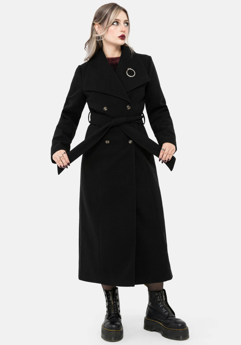 Abyss Tie Waist Double Breasted Coat With Snake Brooch - Black