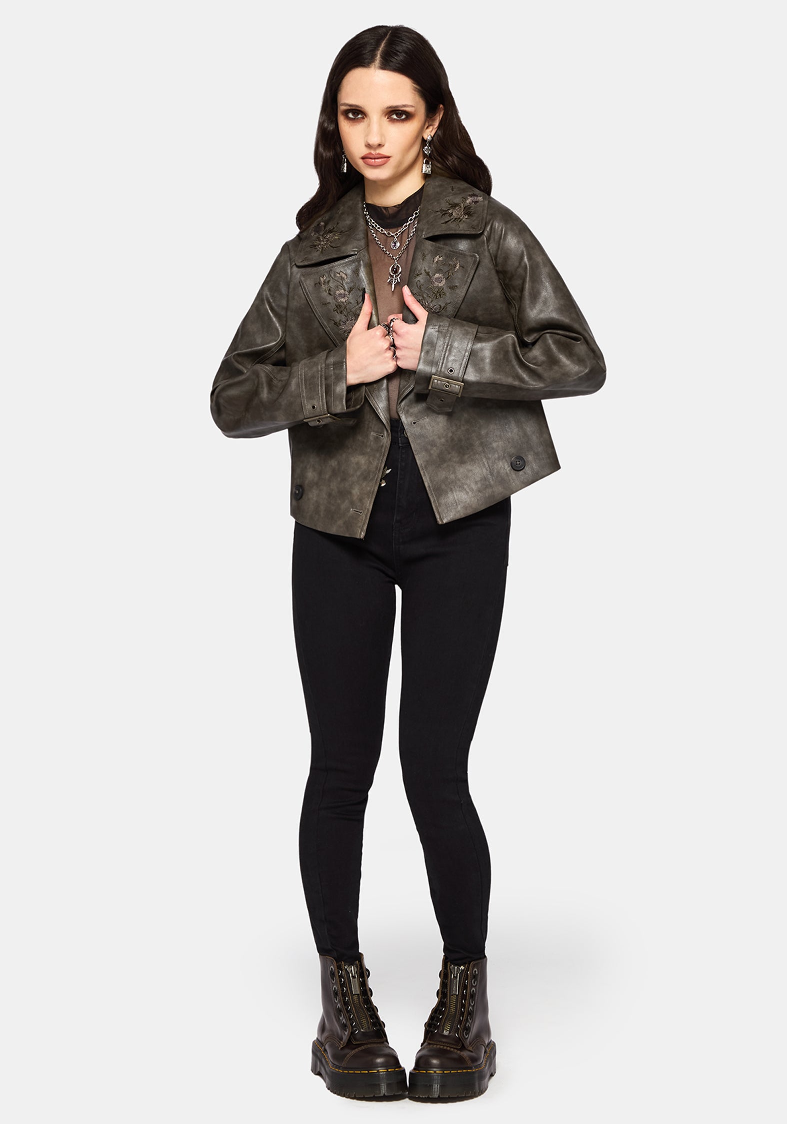 Fleux Embroidered Cropped Faux Leather Trench Jacket
