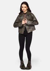 Fleux Embroidered Cropped Faux Leather Trench Jacket