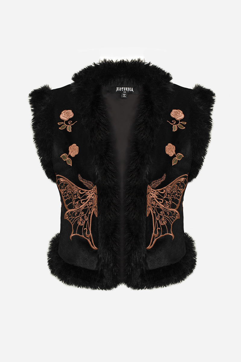 Maeve Faux Fur Embroidered Moth Gilet
