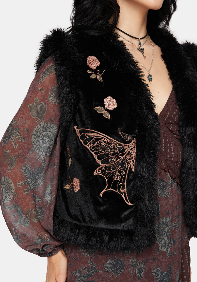 Maeve Faux Fur Embroidered Moth Gilet
