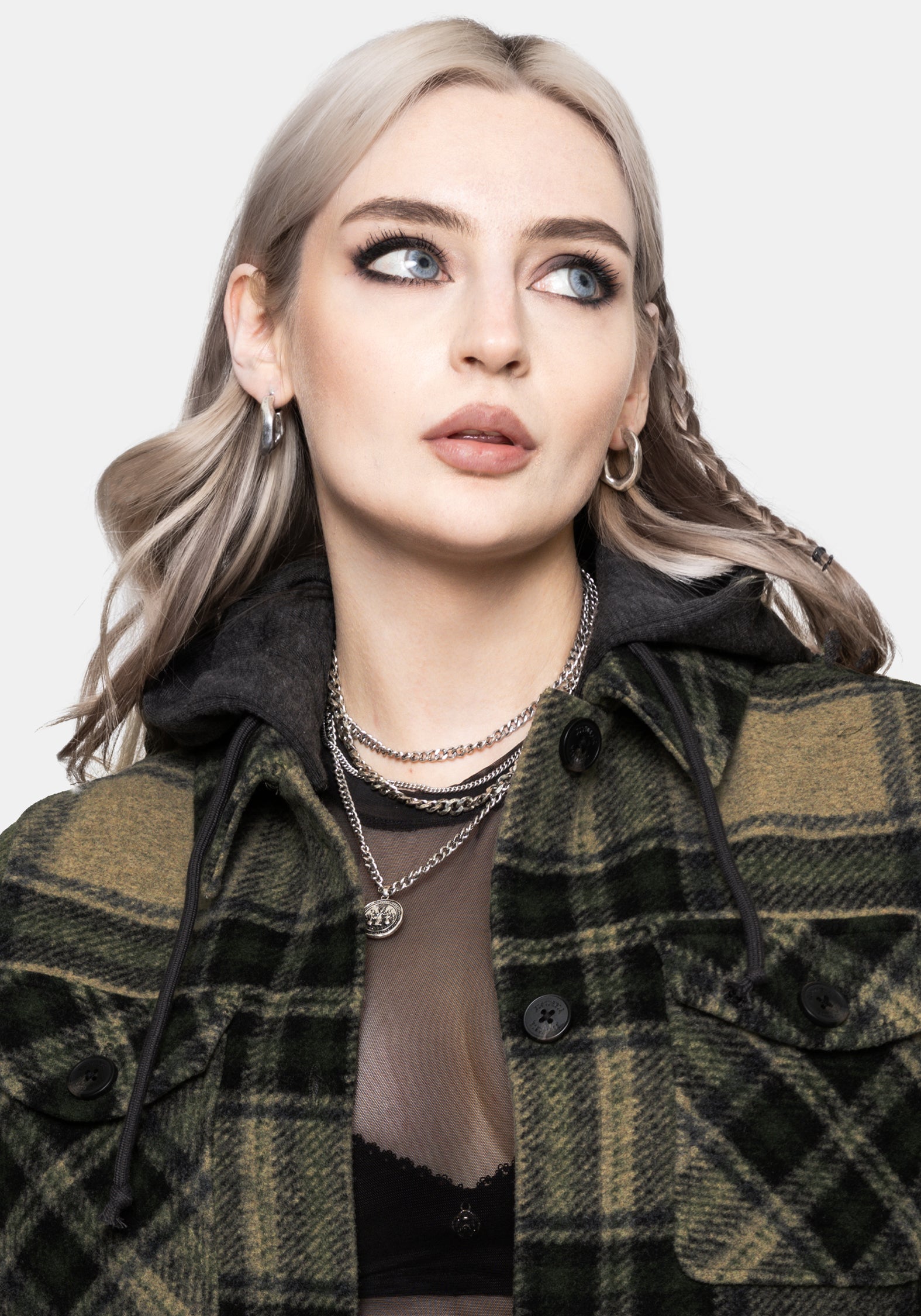 Trellis Lightweight Hooded Pocket Check Shacket - Green UK 6