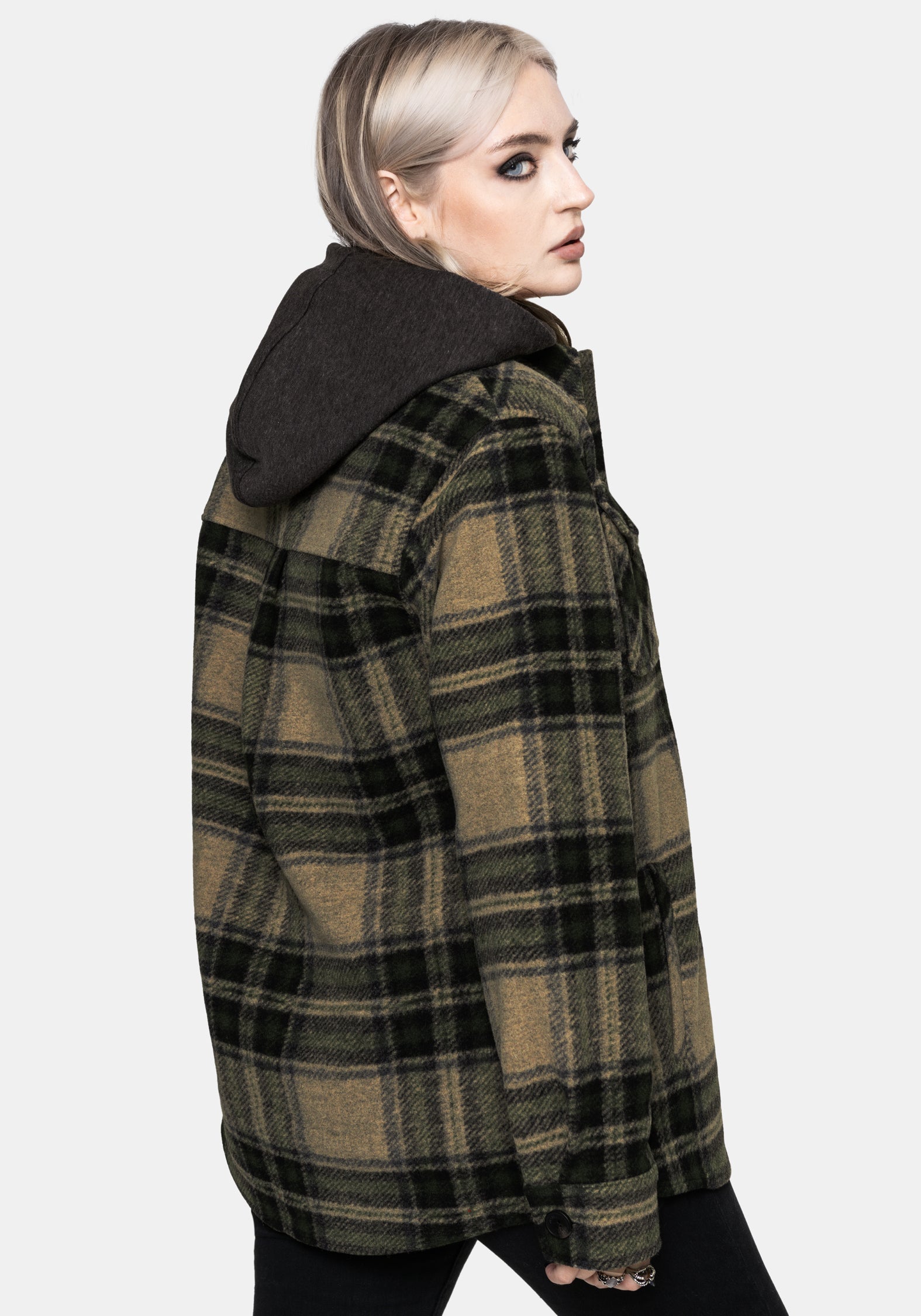 Trellis Lightweight Hooded Pocket Check Shacket - Green UK 6