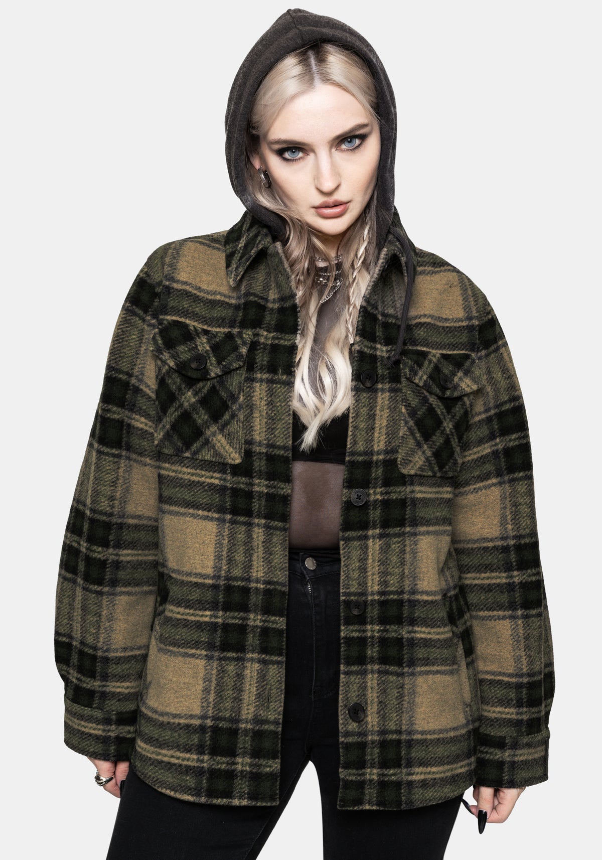Trellis Lightweight Hooded Pocket Check Shacket - Green UK 6