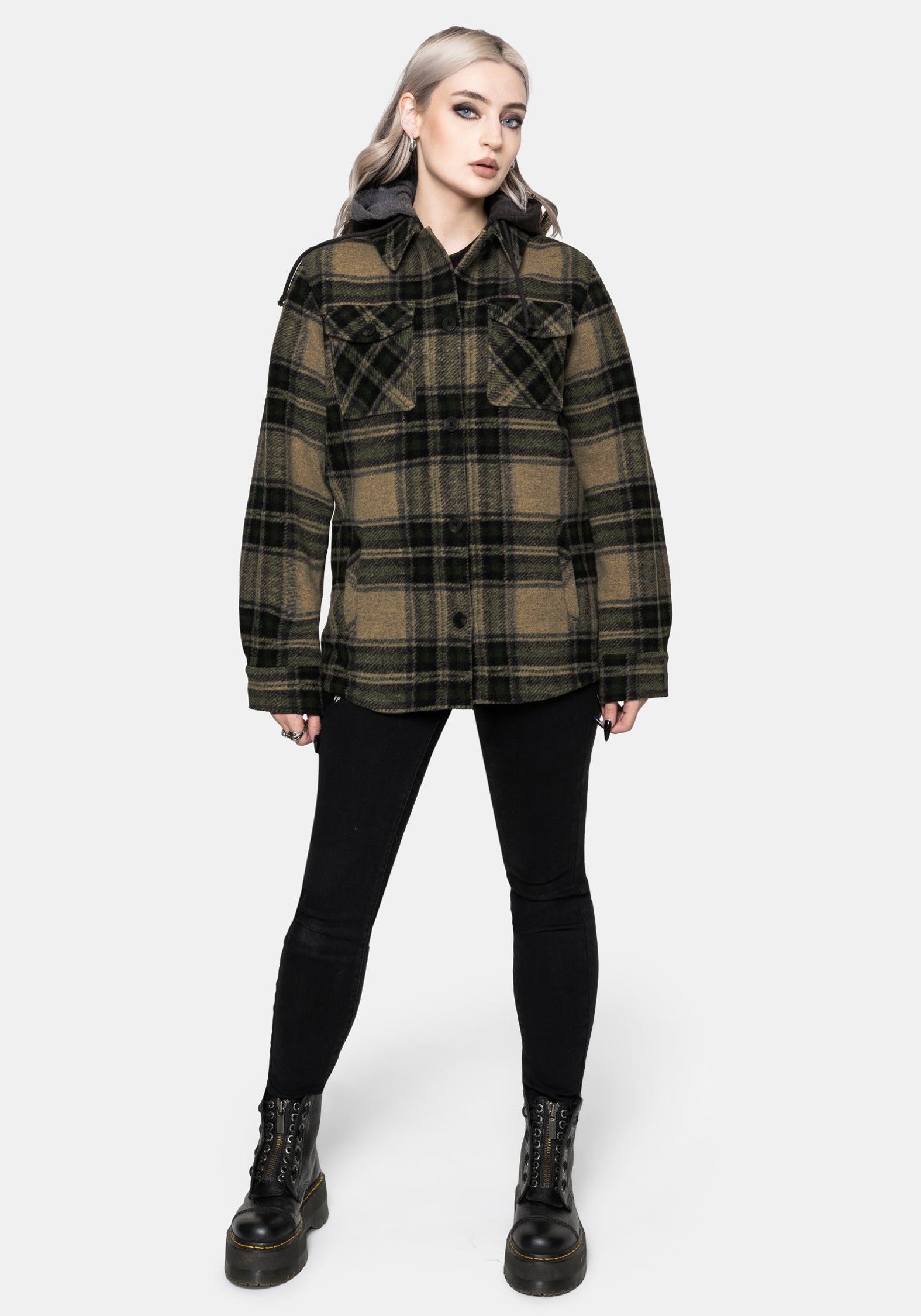 Trellis Lightweight Hooded Pocket Check Shacket - Green UK 6