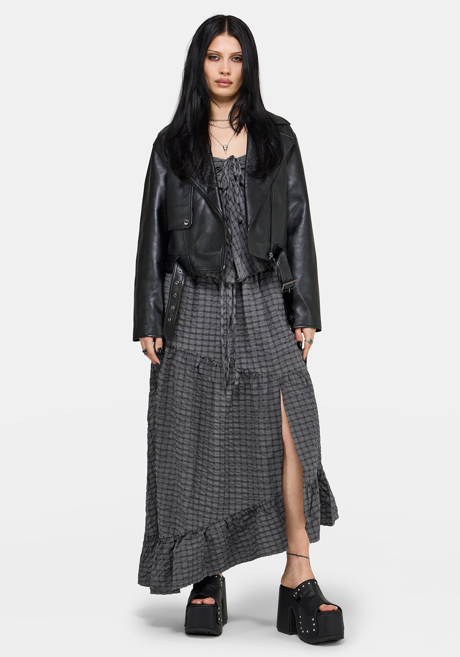 Nimira Check Asymmetrical Tiered Maxi Skirt