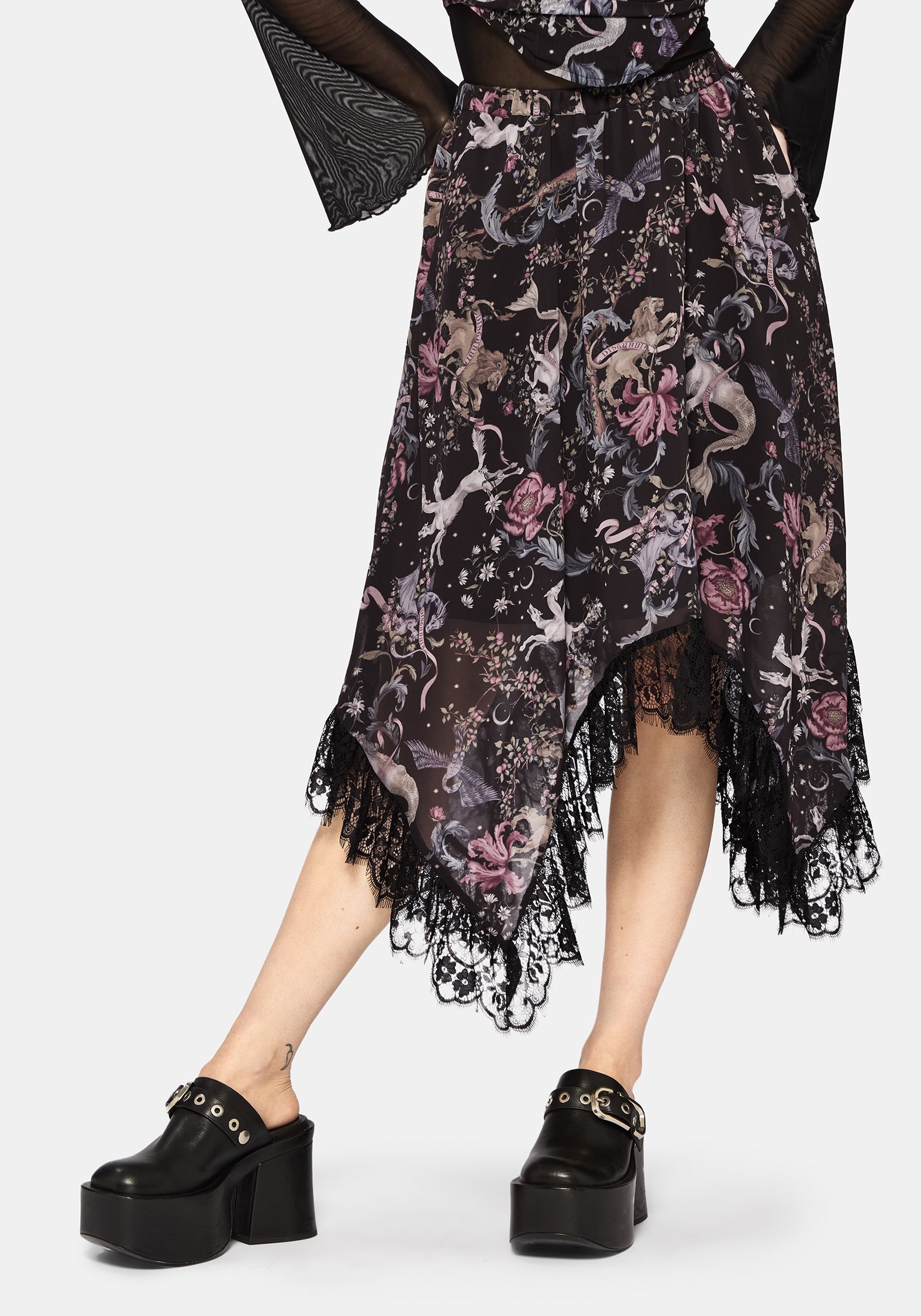 Merunicorn Enchanted Forest Chiffon Print Midi Skirt