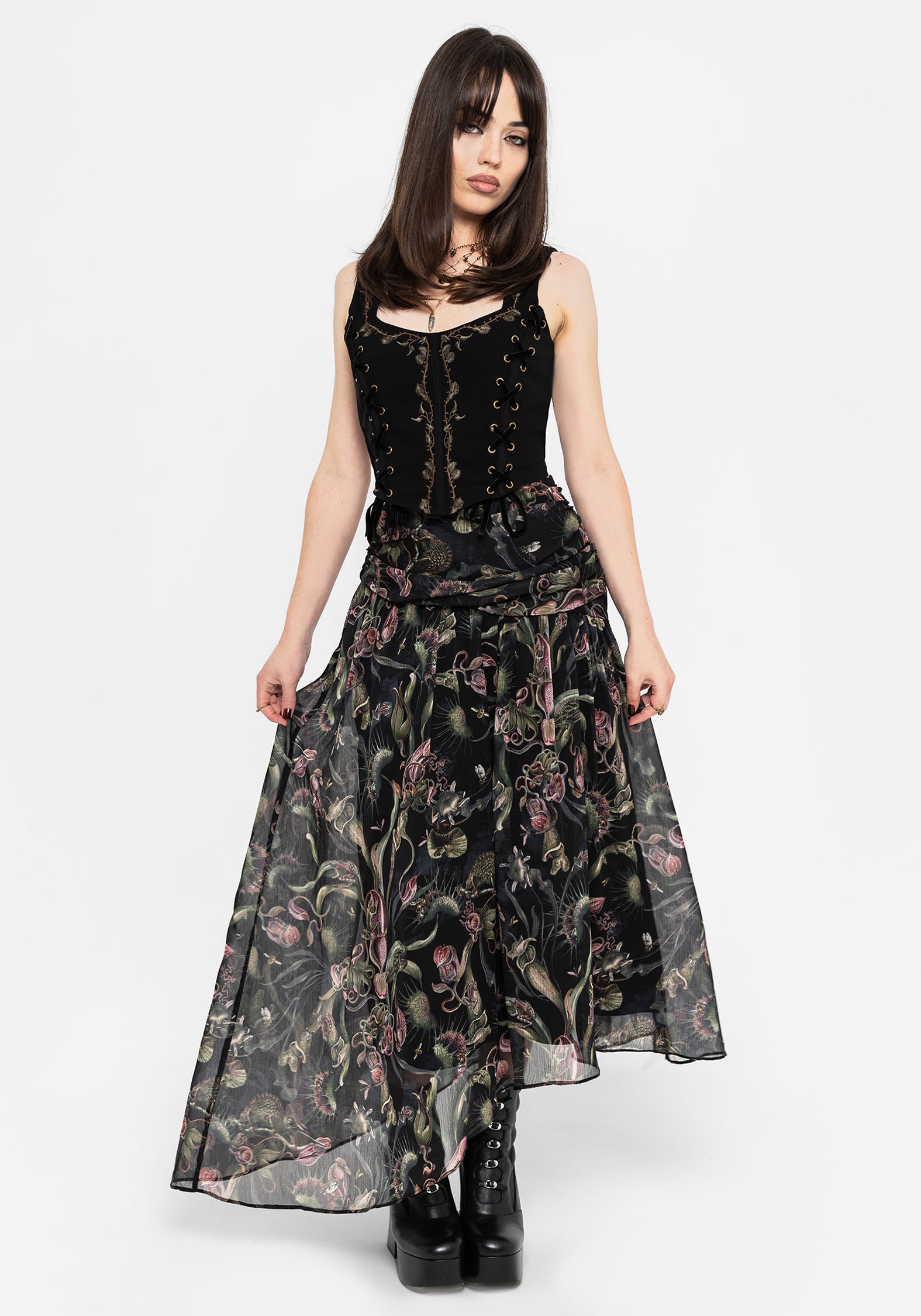 Dionaea Flytrap Print Asymmetric Midaxi Skirt