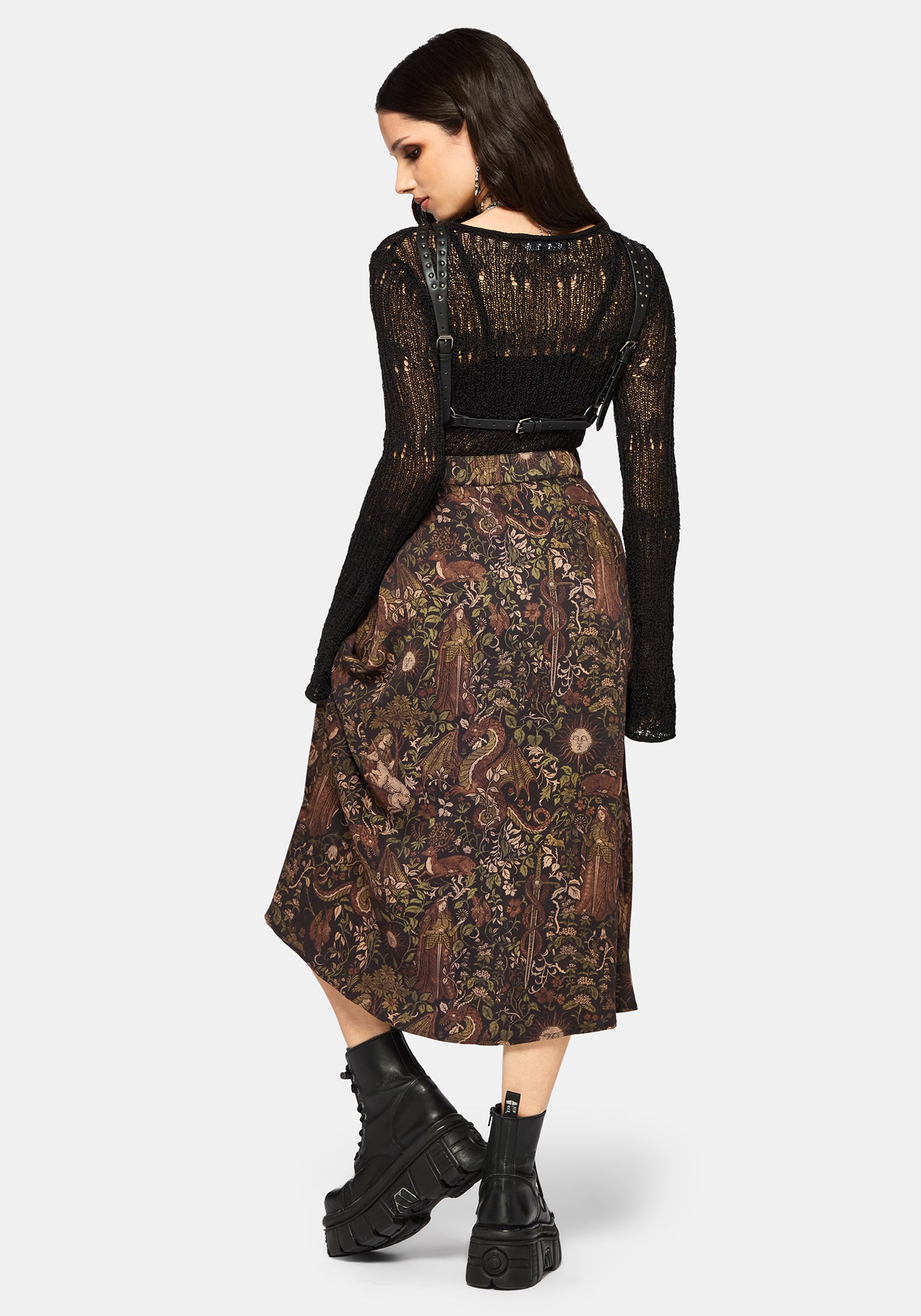 Haunt Medieval Print Buckle Midi Skirt