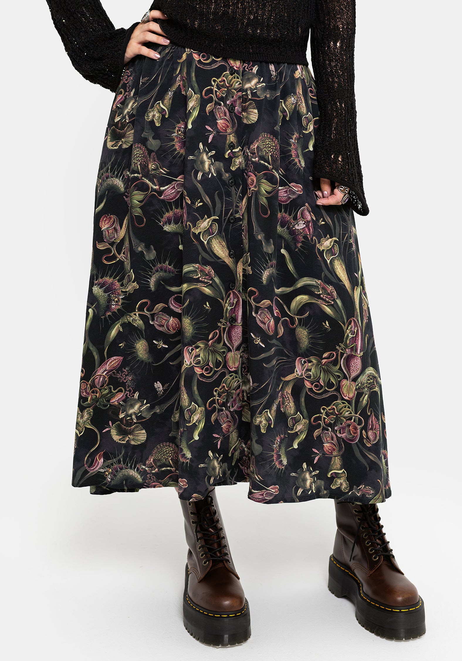Dionaea Flytrap Print Viscose Midi Skirt