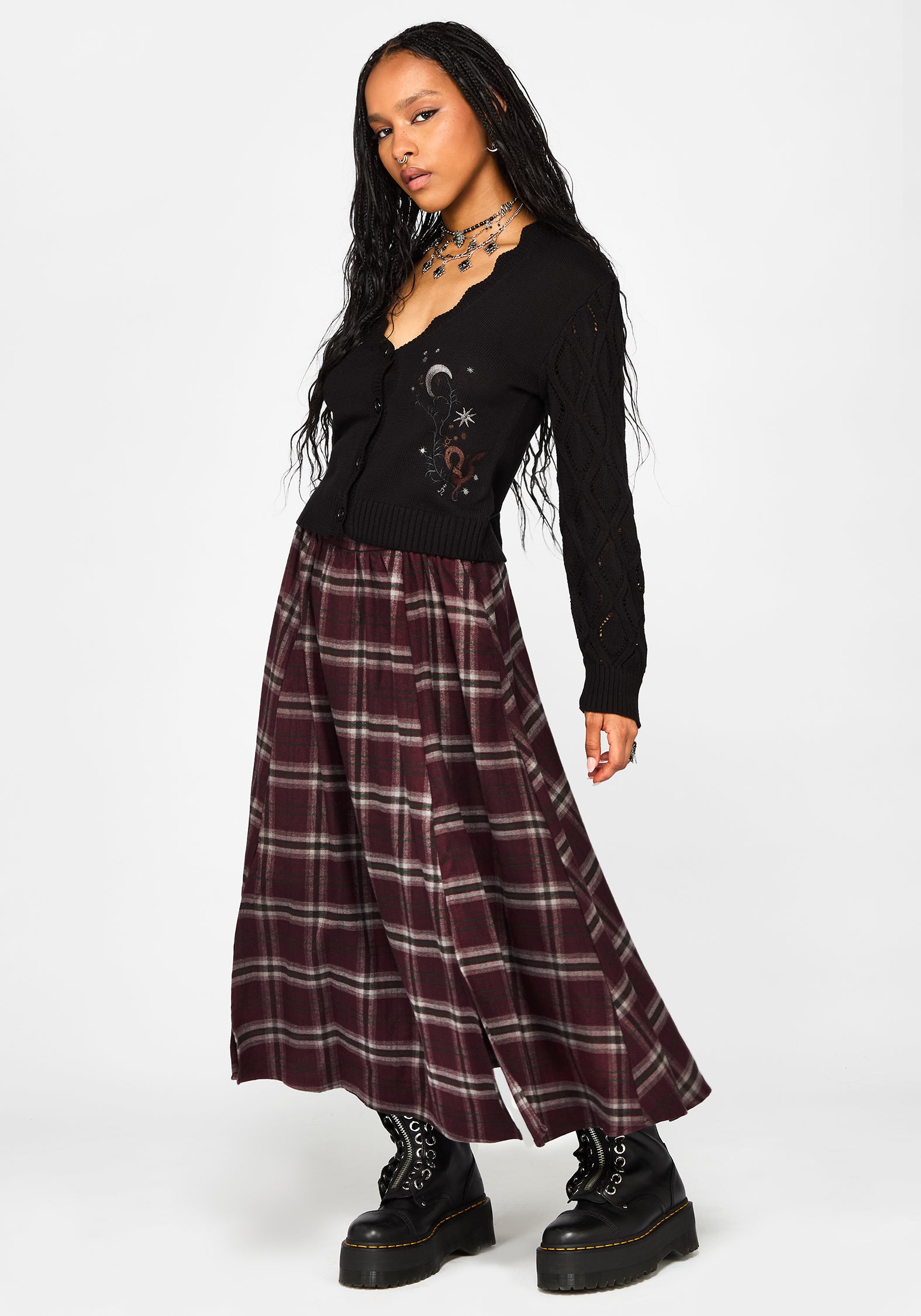 Nightingale Buckled Check Midi Skirt - Burgundy