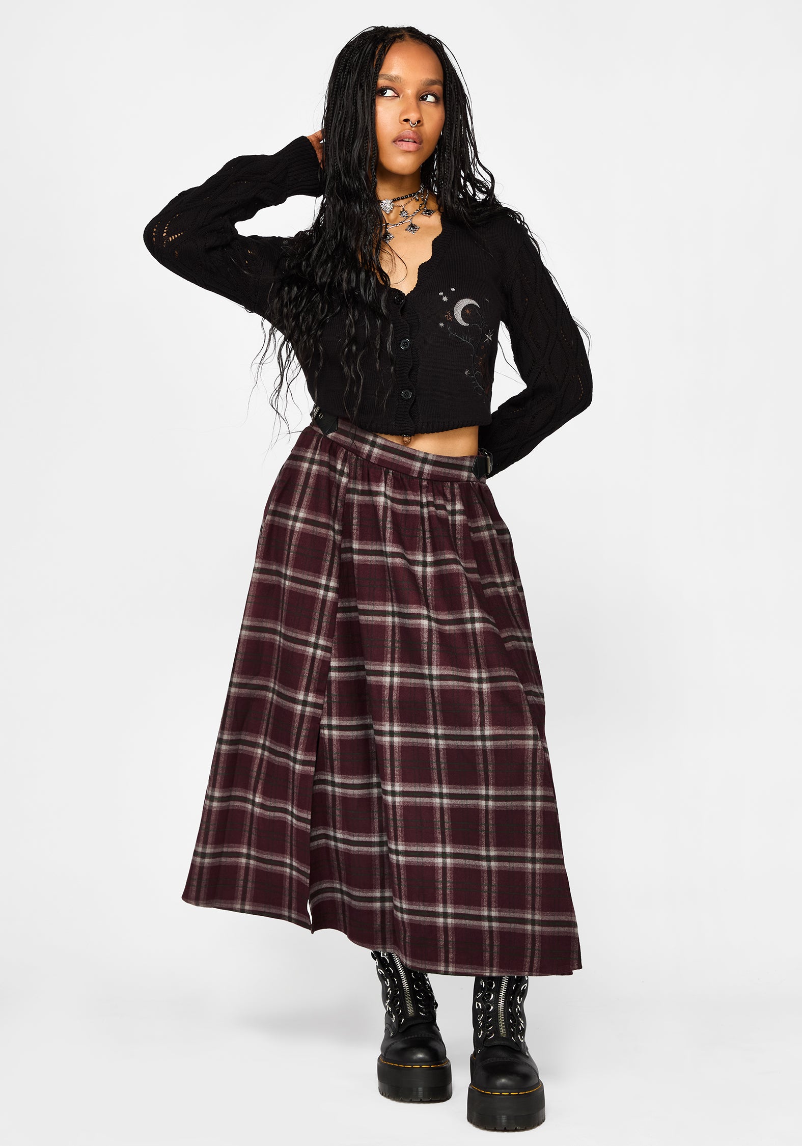 Nightingale Buckled Check Midi Skirt - Burgundy