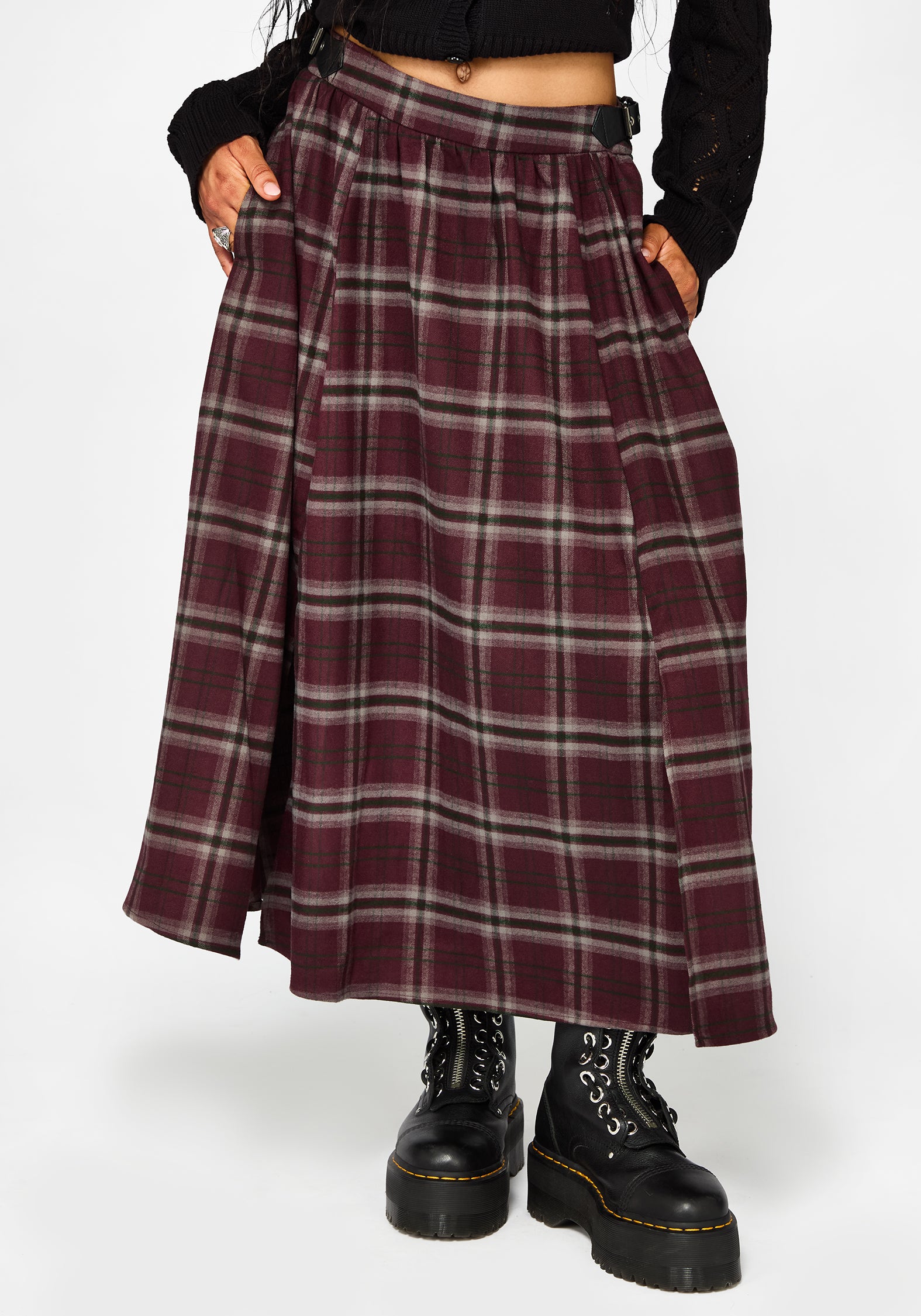 Nightingale Buckled Check Midi Skirt - Burgundy