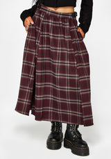 Nightingale Buckled Check Midi Skirt - Burgundy