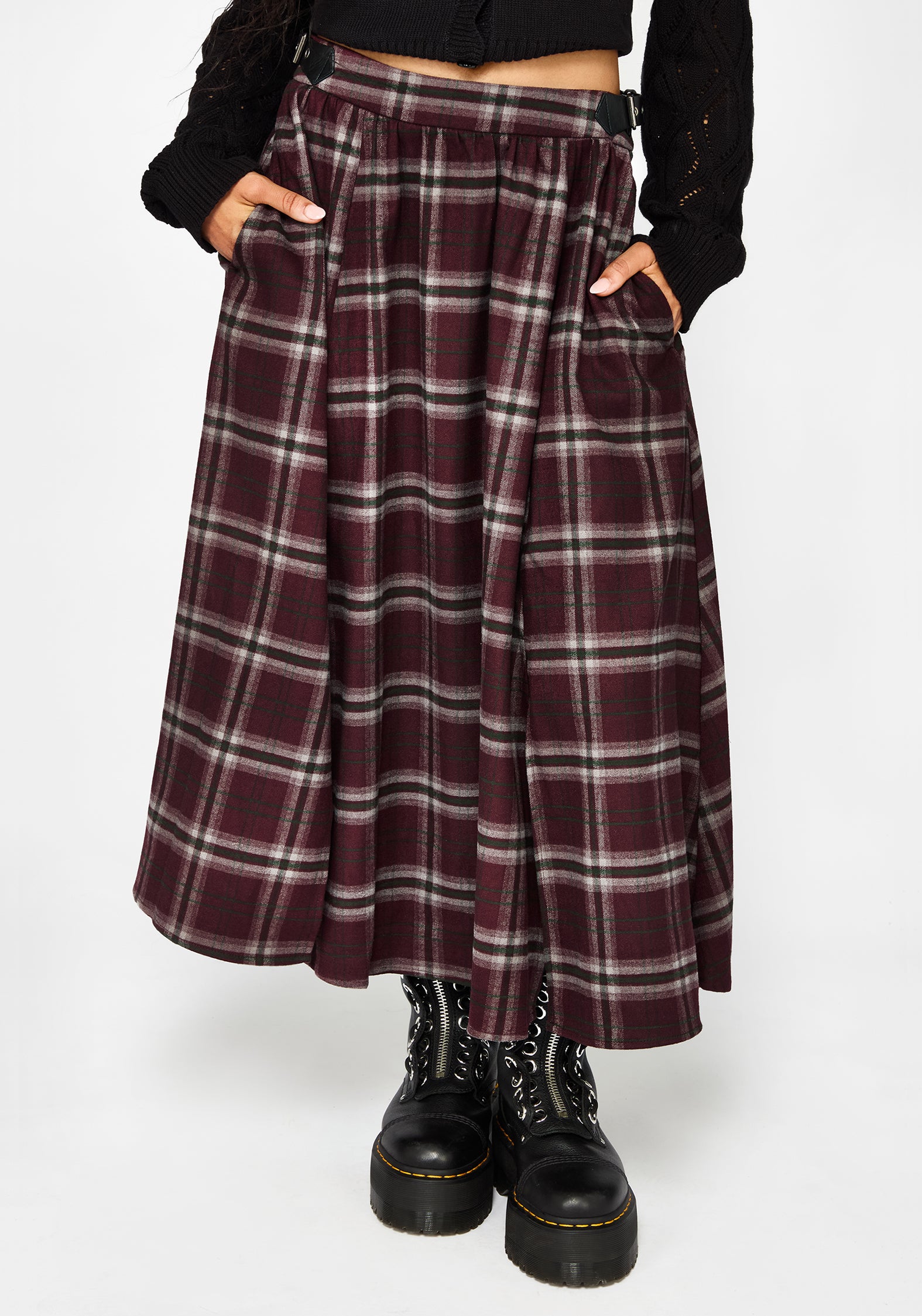 Nightingale Buckled Check Midi Skirt - Burgundy