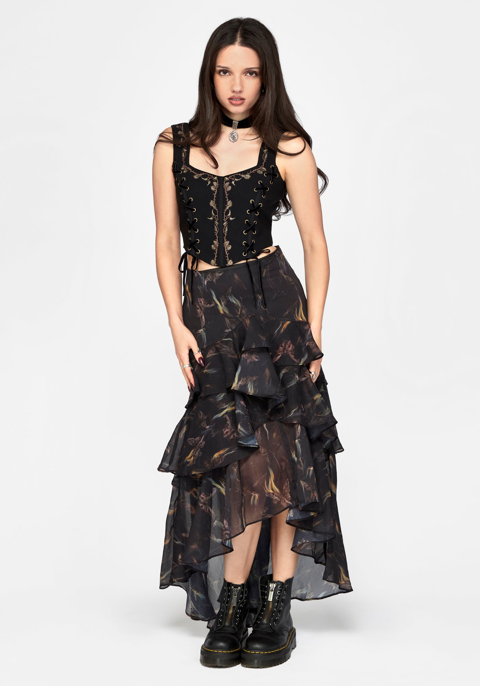 Ember Moth Chiffon Ruffle Maxi Skirt