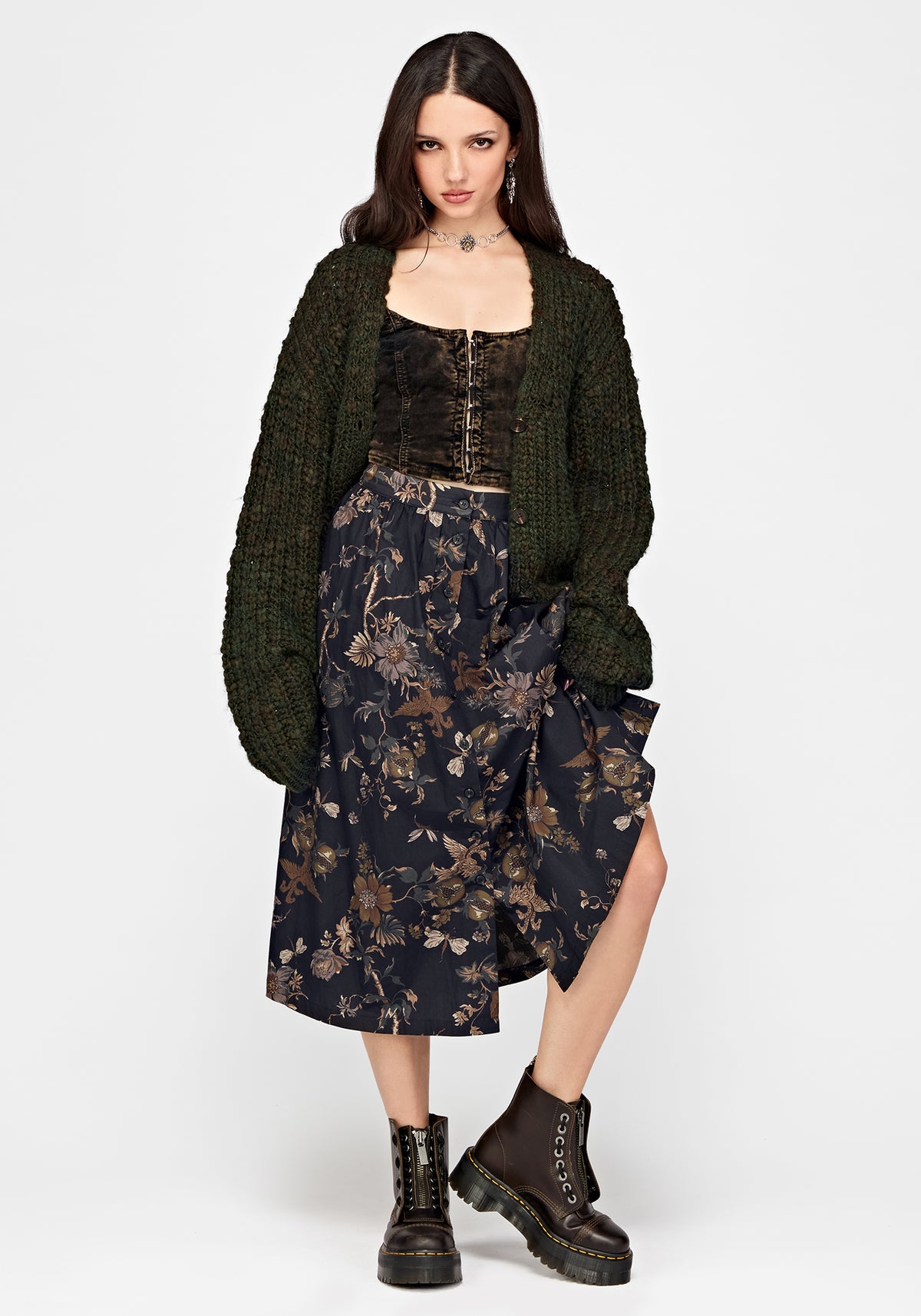 Poison Eden Printed Button Down Skirt - Midnight