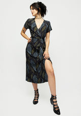 Frond Print Faux Wrap Midi Dress