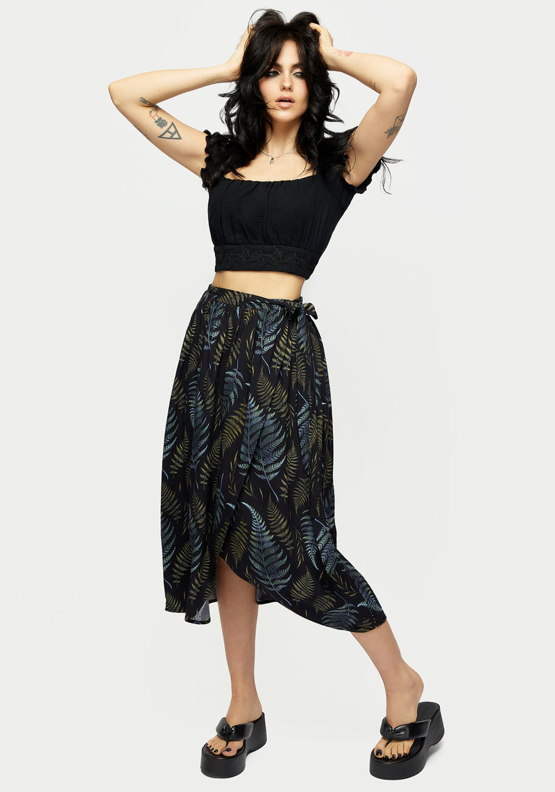 Frond Print Faux Wrap Skirt