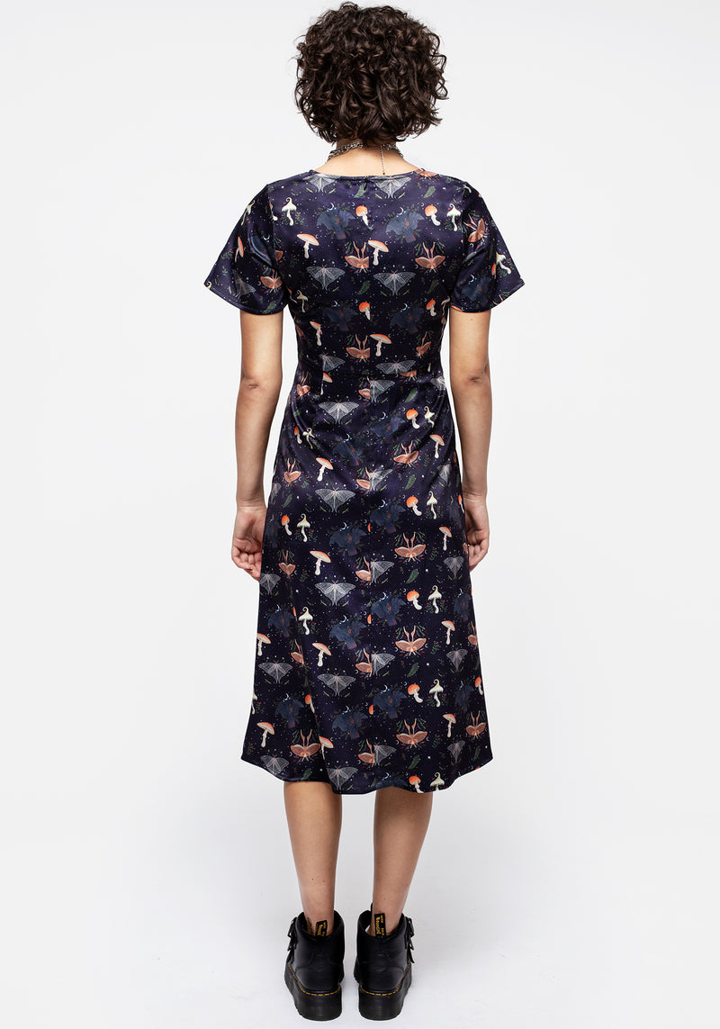 Medeina Print Button Front Satin Midi Dress