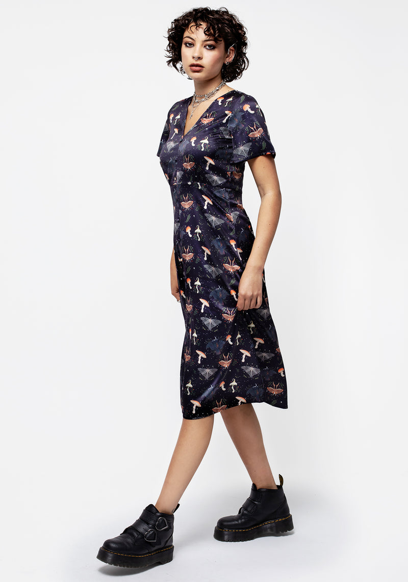 Medeina Print Button Front Satin Midi Dress