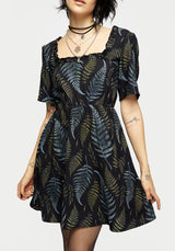 Frond Print Ruffle Shirred Mini Dress