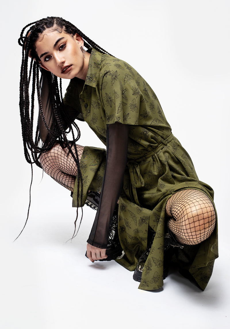 Mortmoth Print Midi Shirt Dress - Green