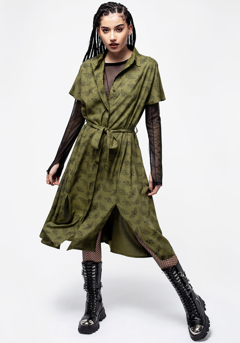 Mortmoth Print Midi Shirt Dress - Green