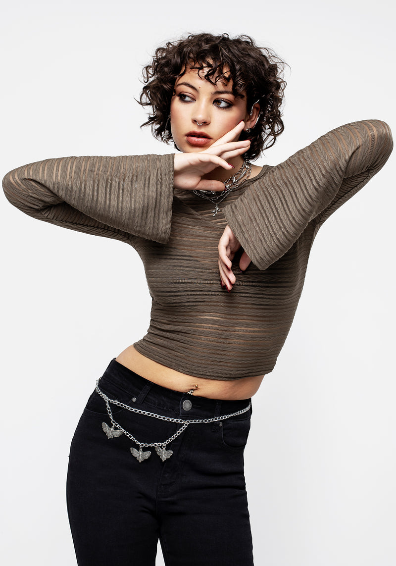 Habundia Flared Sleeve Crop Top - Moss Stone