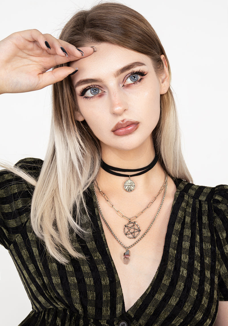 Triune 3 Layered Necklace Pentagram and Crystal