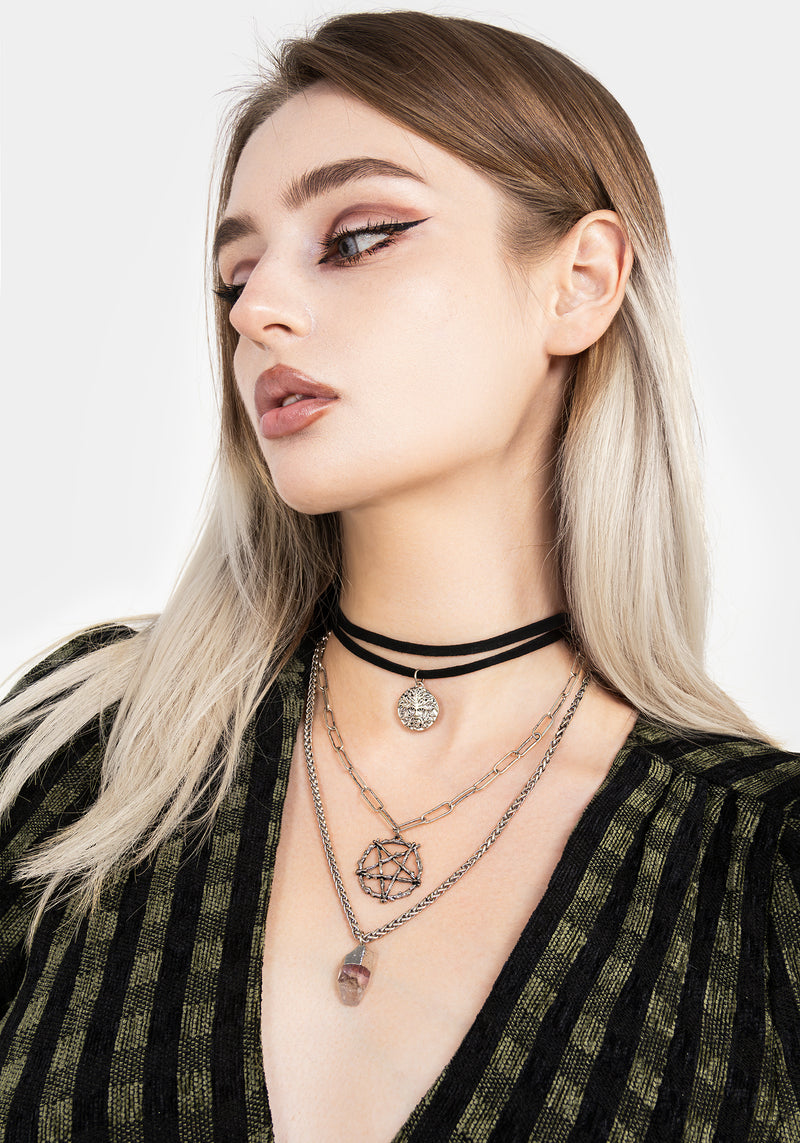 Triune 3 Layered Necklace Pentagram and Crystal