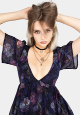 Dragonfly Floral Print Chiffon Handkerchief Hem Dress