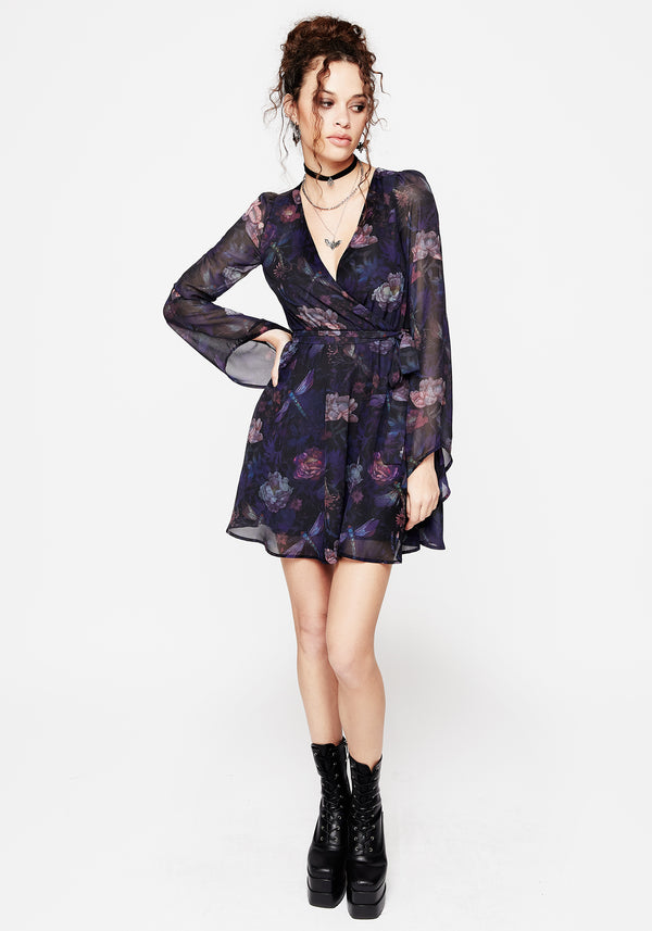 Dragonfly Floral Print Flute Sleeve Chiffon Mini Dress