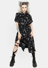 Parasite Bugs Short Sleeve Midi Shirt Dress - Black