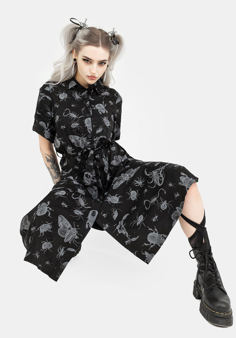 Parasite Bugs Short Sleeve Midi Shirt Dress - Black