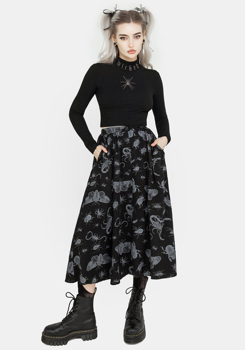 Parasite Bugs Button Front Midi Skirt - Black