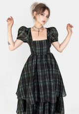 Checkmate Puff Sleeve Layered Organza Midi Dress